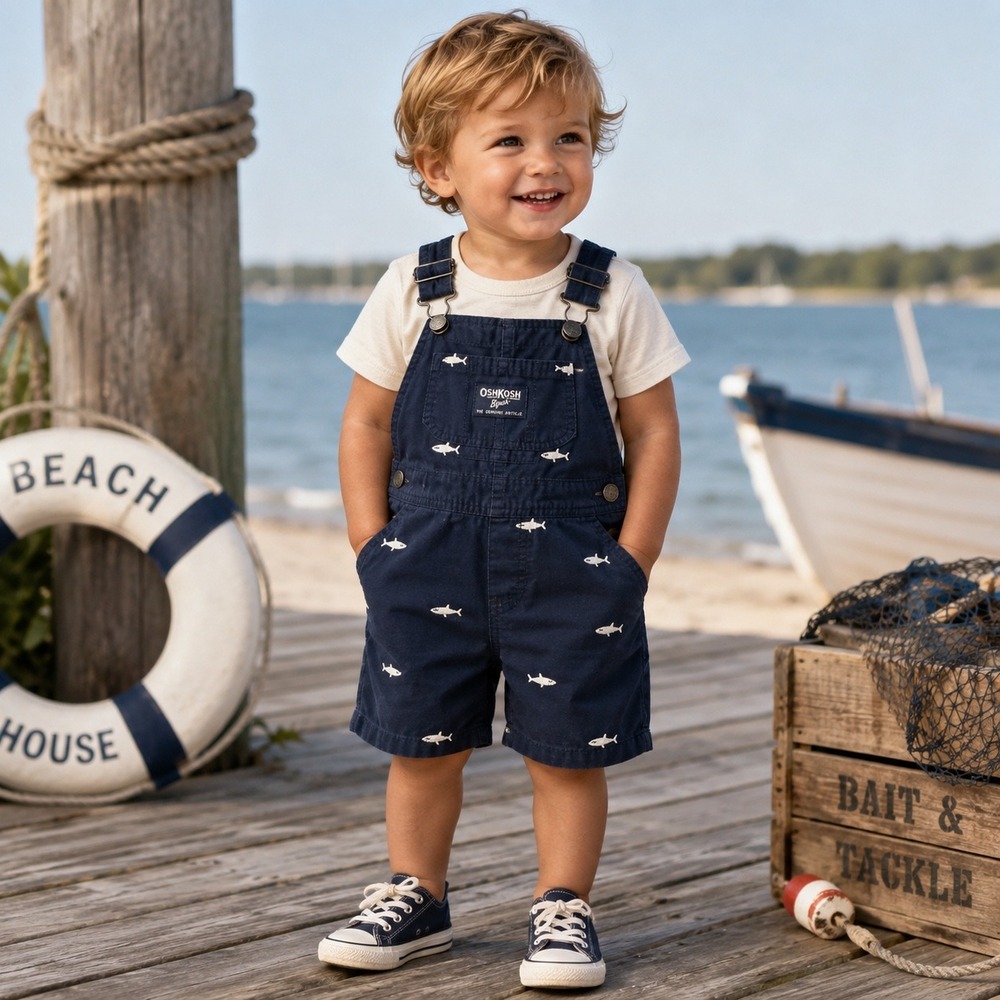 OshKosh B'gosh 2T Shortalls Navy Blue Shark Embroidered Cotton Overalls Boys